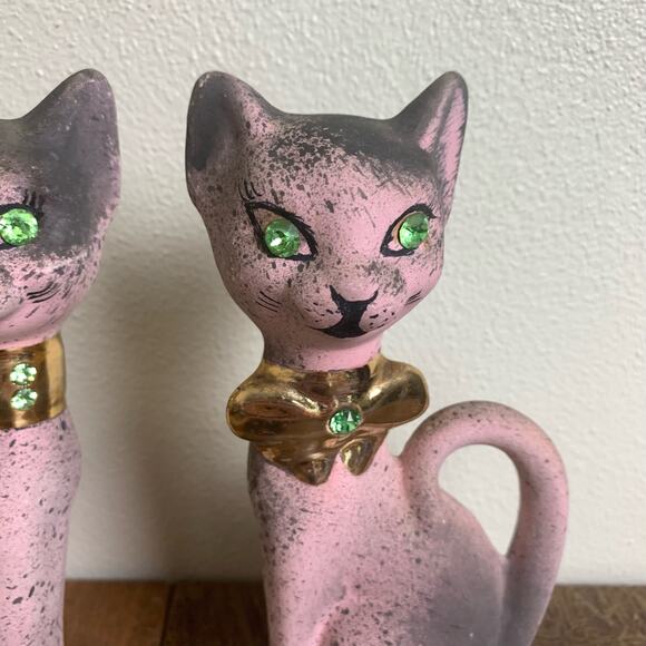 Pair (2) MCM Bisque Porcelain Pink‎ Siamese Cat Figurines Gold Rhinestones eyes - Picture 7 of 8
